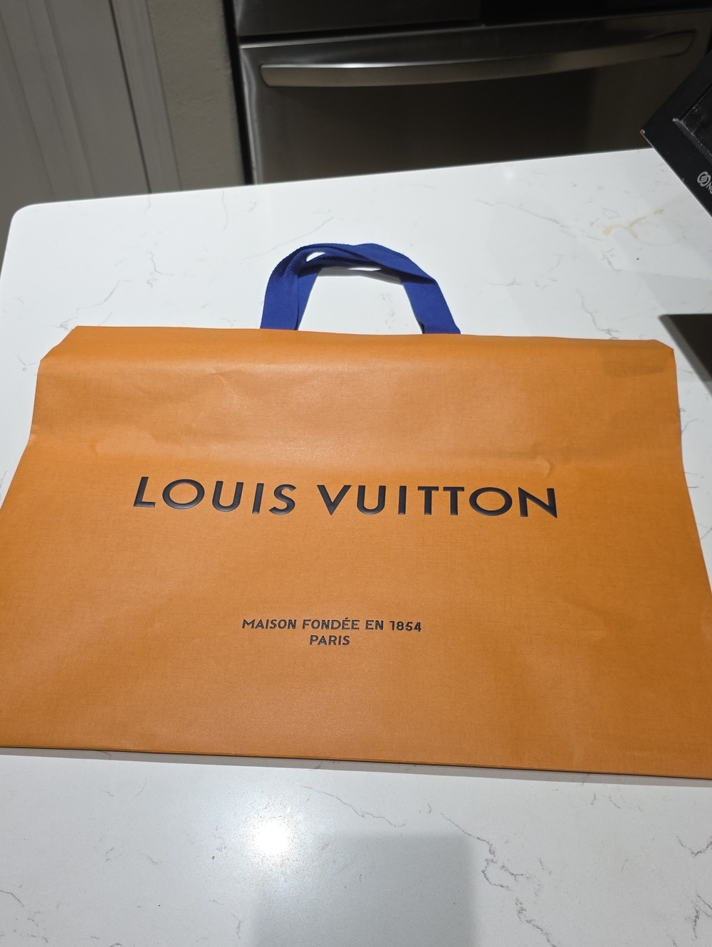 Louis Vuitton Orange Paper Shopping Bag with Blue Handles